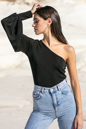 Sun Sea & Roses – Alectrona One Shoulder Balloon Sleeve Top Black