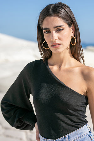 Sun Sea & Roses – Alectrona One Shoulder Balloon Sleeve Top Black