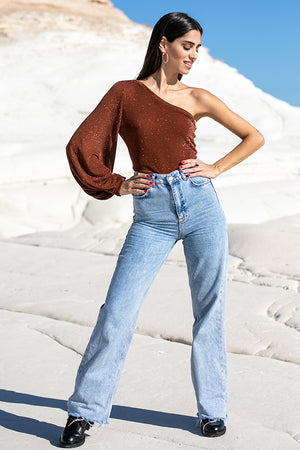 Sun Sea & Roses – Alectrona One Shoulder Balloon Sleeve Top Brown