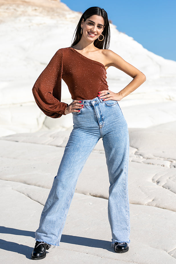 Sun Sea & Roses – Alectrona One Shoulder Balloon Sleeve Top Brown