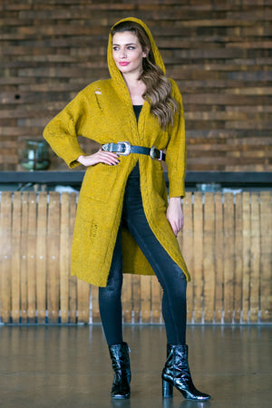 Queencii - Distressed Hooded Cardigan Mustard